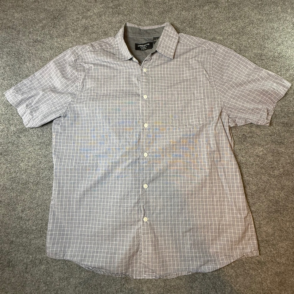 Claiborne Mens Large Blue White Grid Check Short Sleeve Button Down Stretch